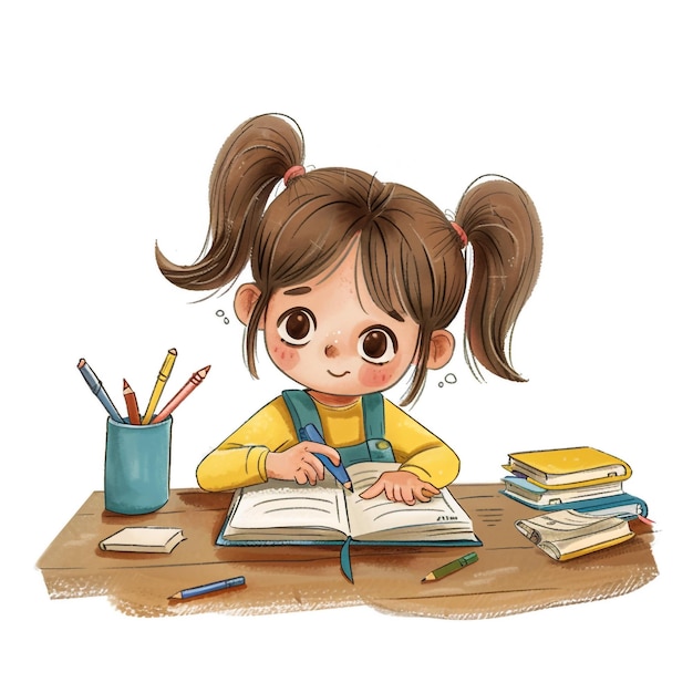 un dessin d'une fille lisant un livre avec des crayons et des crayans