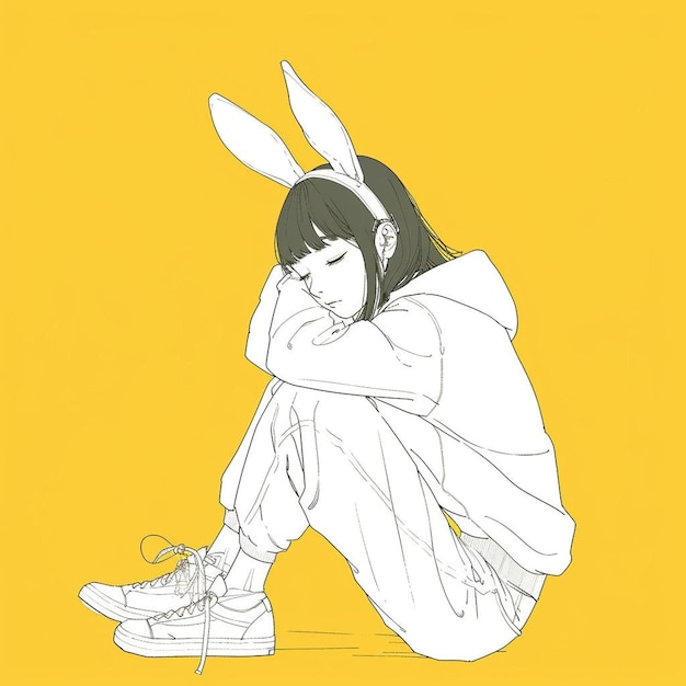 un dessin d'une fille avec des oreilles de lapin assise sur ses genoux