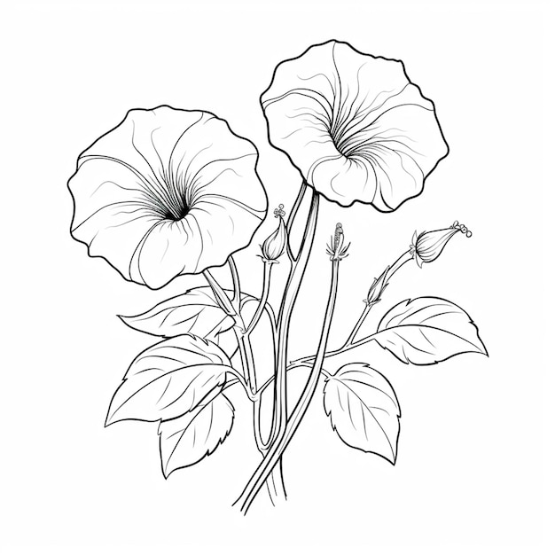 un dessin d'une fleur avec des feuilles et un bourgeon génératif ai