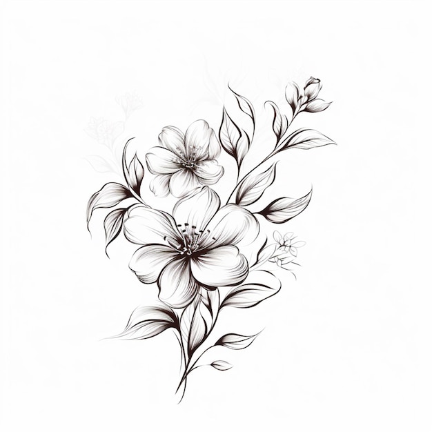 un dessin d'une fleur avec des feuilles et des fleurs