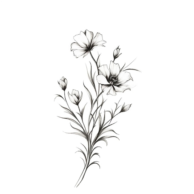 Un dessin d'une fleur avec des feuilles sur un fond blanc