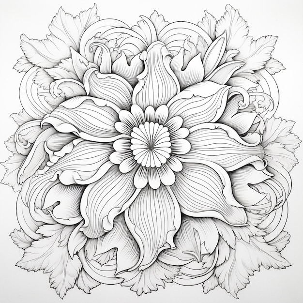 Un dessin d'une fleur avec des feuilles et des tourbillons en cercle