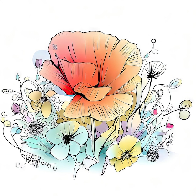 Un dessin d'une fleur avec une fleur rouge dessus.