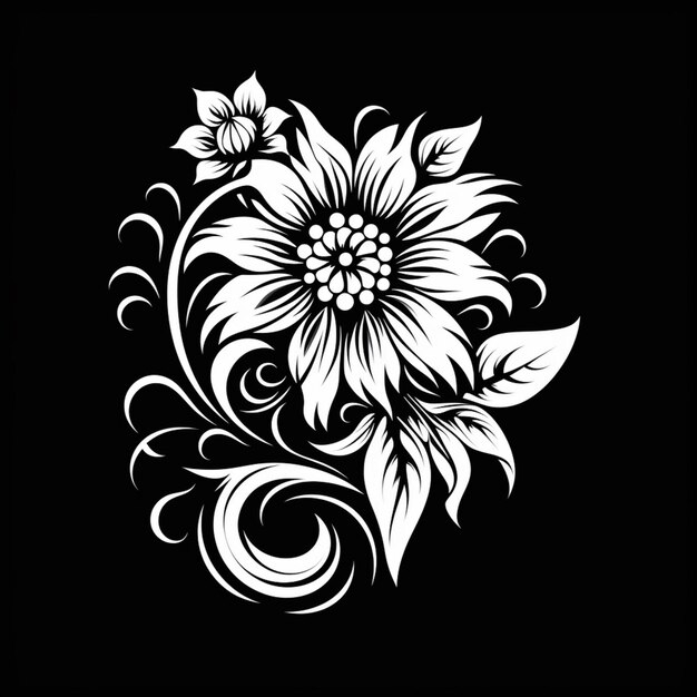Photo un dessin de fleur noir et blanc sur un fond noir