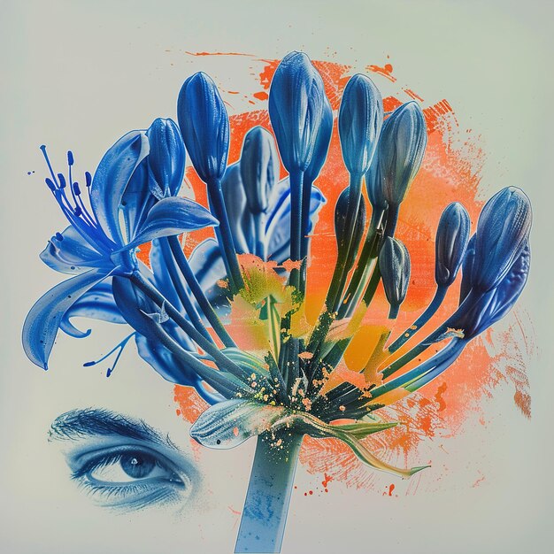 Photo un dessin d'une fleur avec un œil d'homme et une fleur bleue