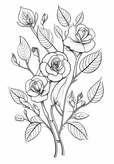 Un dessin d'une fleur rose avec des feuilles sur fond blanc ai générative