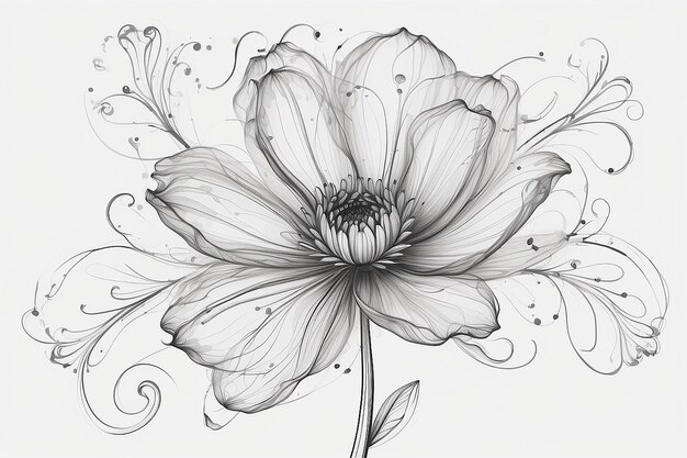 Un dessin d'une fleur avec des tourbillons et des points sur elle