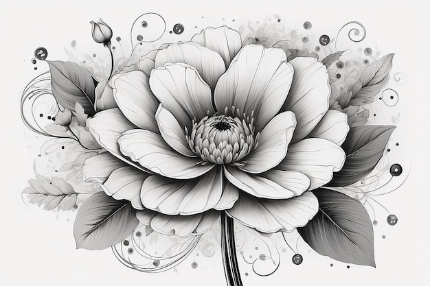 Un dessin d'une fleur avec des tourbillons et des points sur elle