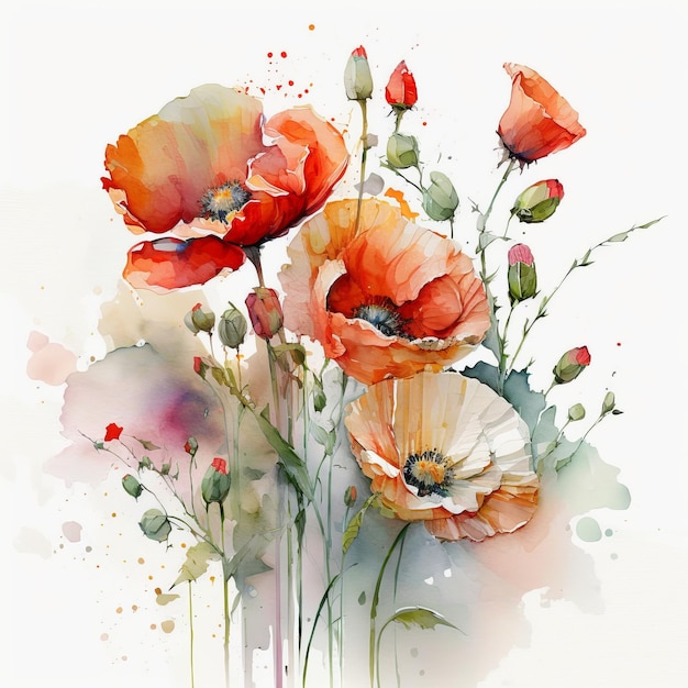 Dessin de fleur de tulipe Coquelicot sur fond blanc avec de la peinture aquarelle Generative AI