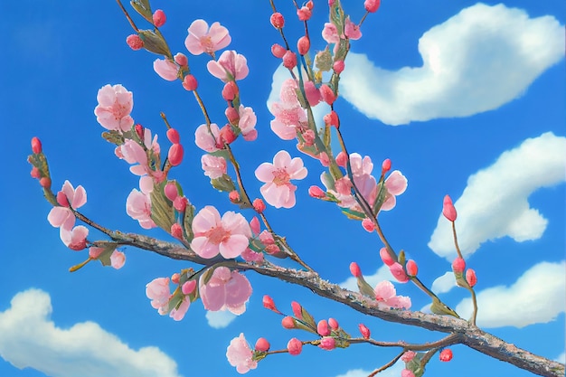 Dessin de fleurs de cerisier contre le ciel bleu fleurs de printemps illustration 3d AI générative