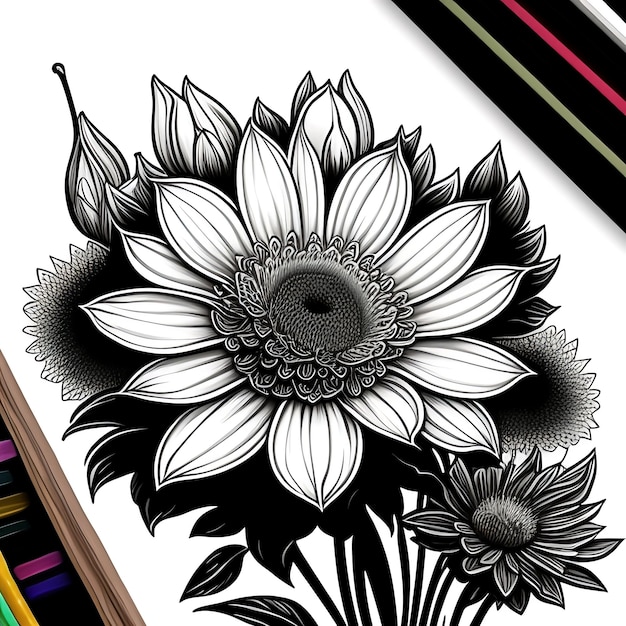 Photo dessin de fleurs avec des dessins linéaires sur fond blanc