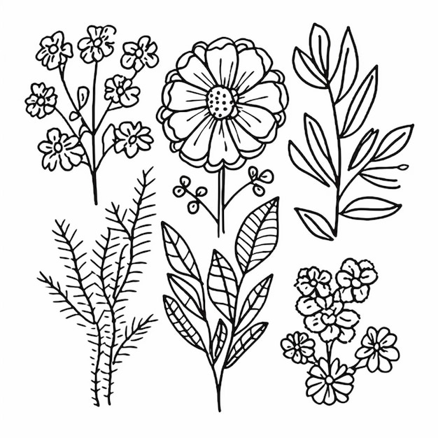 Un dessin de fleurs et de feuilles sur fond blanc ai génératif
