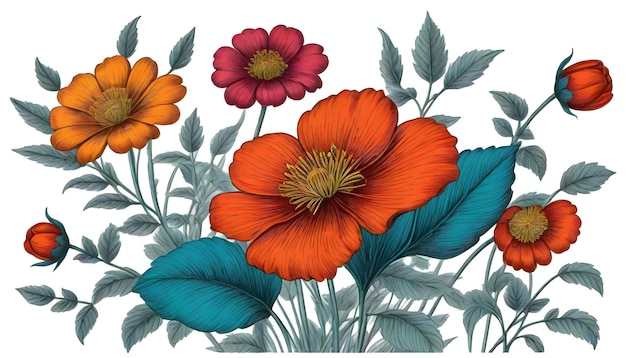 Photo un dessin de fleurs avec un fond bleu et orange