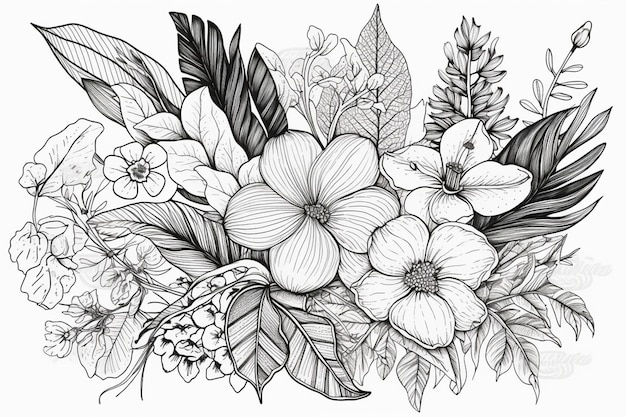 Un dessin de fleurs en noir et blanc.