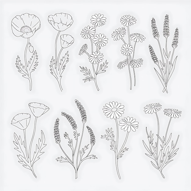 un dessin de fleurs et de plantes avec un dessin d'une fleur