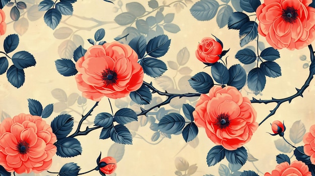 Photo un dessin de fleurs rouges d'inspiration rétro sur un fond bleu avec des détails floraux délicats