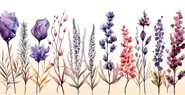 un dessin de fleurs violettes de différentes couleurs
