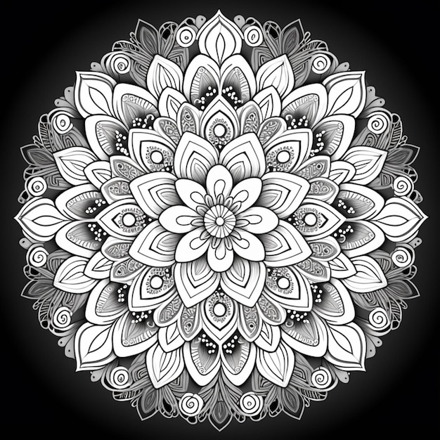 Un dessin floral circulaire noir et blanc sur fond noir ai génératif