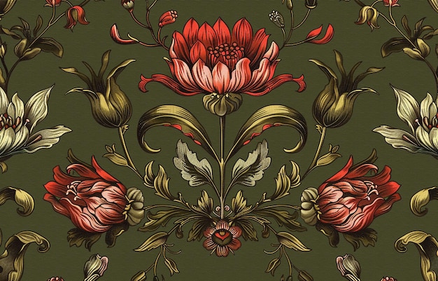 un dessin floral avec une fleur rouge et une feuille d'or