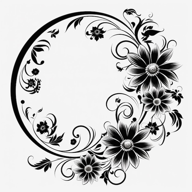 Photo un dessin floral noir et blanc avec un cercle au milieu ai génératif