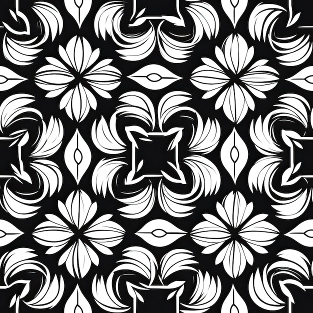 un dessin floral noir et blanc avec un fond noir