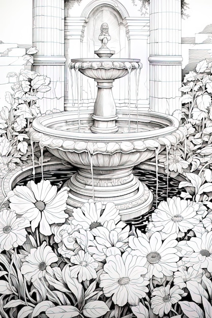 Photo un dessin d'une fontaine avec des fleurs et une fontaine au milieu.