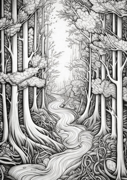 un dessin d'une forêt avec un ruisseau qui la traverse