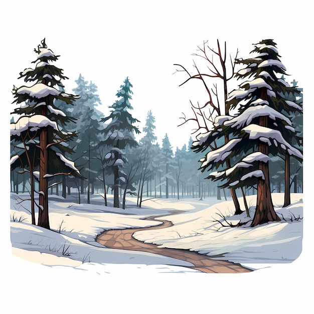 Un dessin d'une forêt avec un sentier dans la neige.