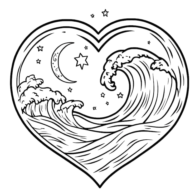 Photo un dessin en forme de cœur avec des vagues et des étoiles