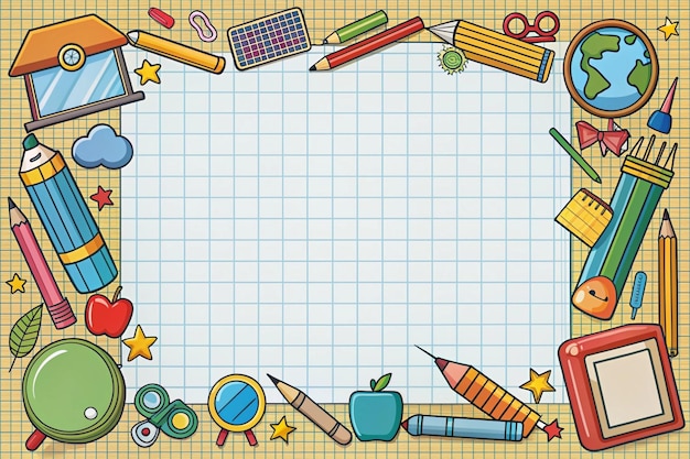 un dessin de fournitures scolaires avec un crayon et un crayon dessus