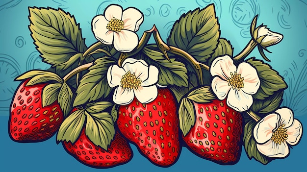 Un dessin de fraises sur fond bleu.