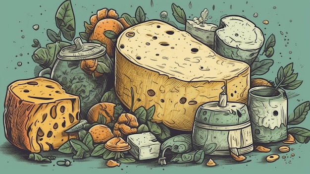 Un dessin de fromage et d'autres aliments dont un qui dit "fromage"