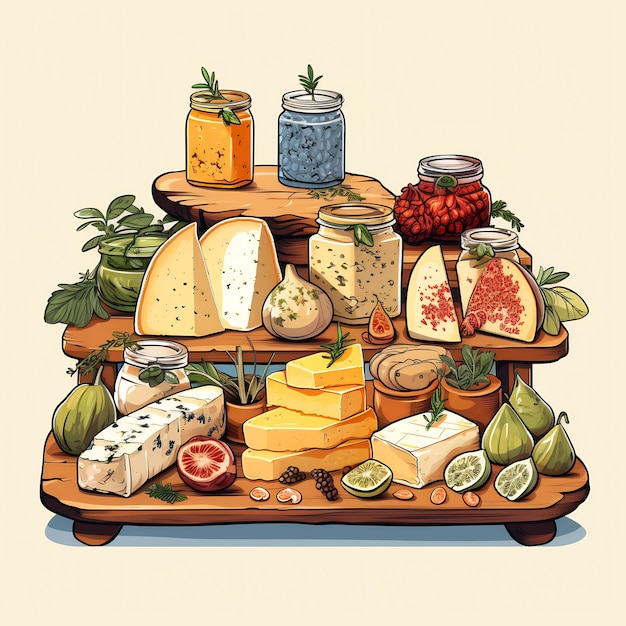 un dessin de fromages et de légumes sur un plateau avec une image de fromages