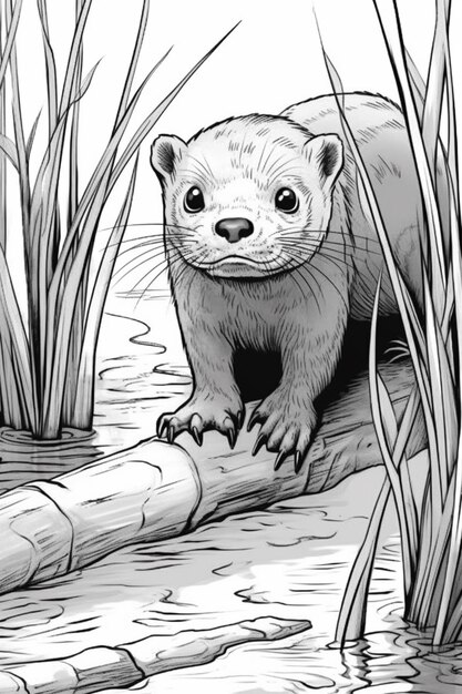 dessin d'un furet debout sur une bûche dans l'eau IA générative