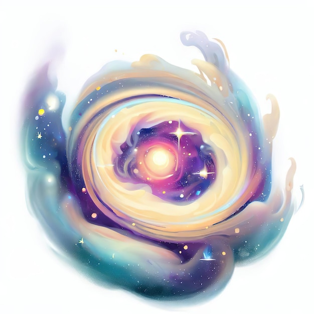 Un dessin d'une galaxie avec un cercle jaune au centre.