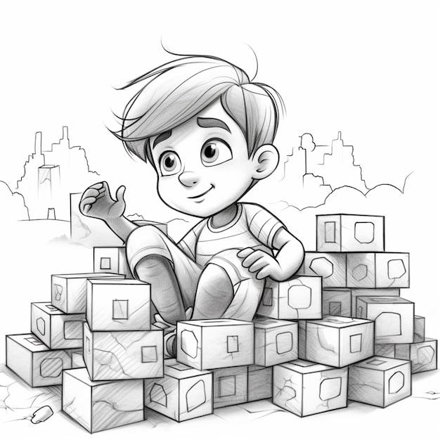 Photo un dessin d'un garçon assis sur un tas de cubes génératifs ai
