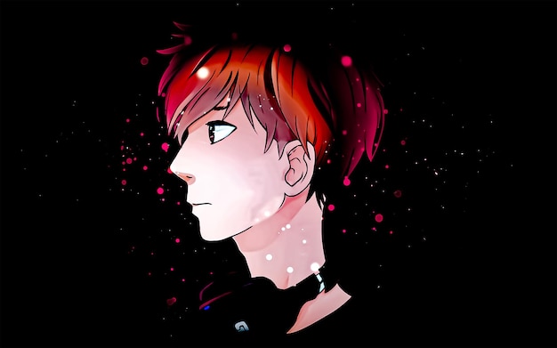Un dessin d'un garçon aux cheveux rouges et un fond noir