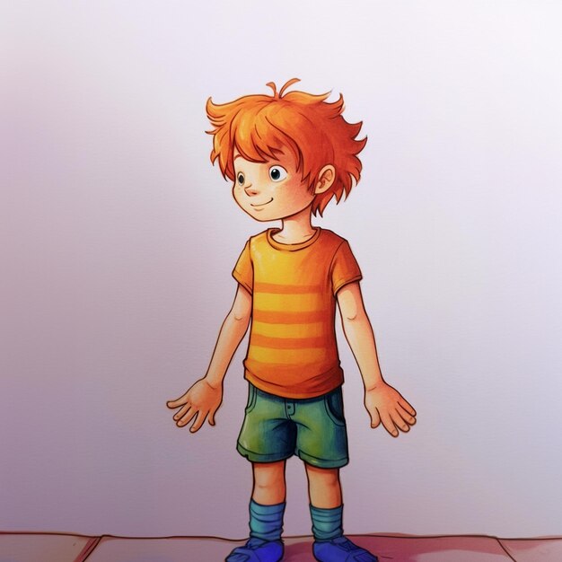 Photo un dessin d'un garçon avec une chemise orange et un short.