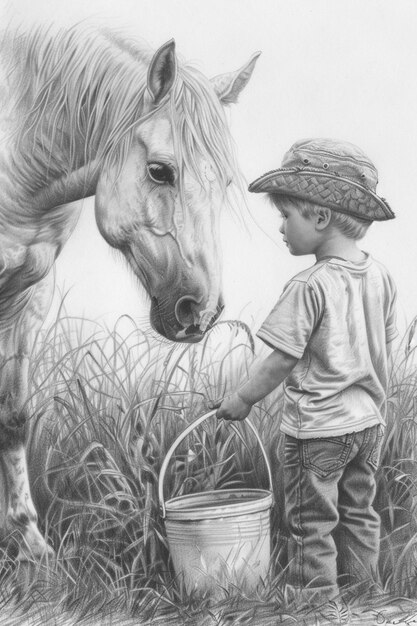 Photo dessin d'un garçon nourrissant un cheval avec un seau de pommes