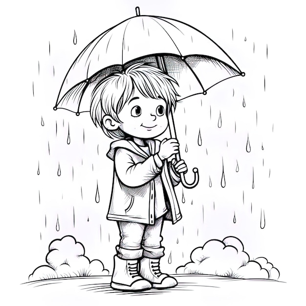 un dessin d'un garçon avec un parapluie sous la pluie