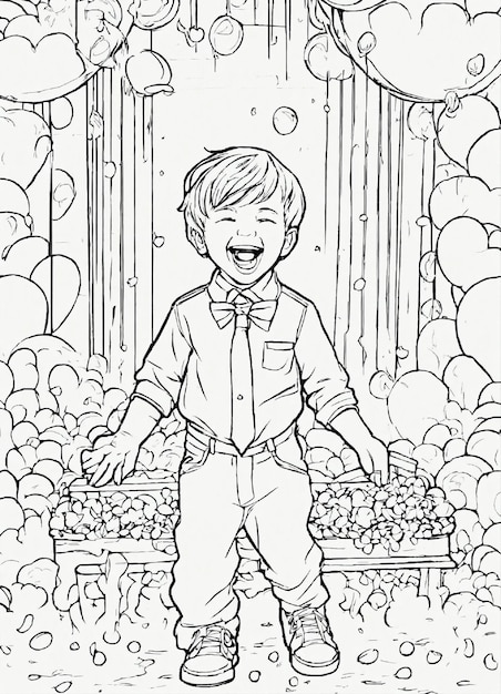 un dessin d'un garçon souriant et riant avec des ballons en arrière-plan