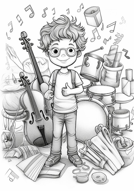 un dessin d'un garçon avec un violon et des instruments de musique