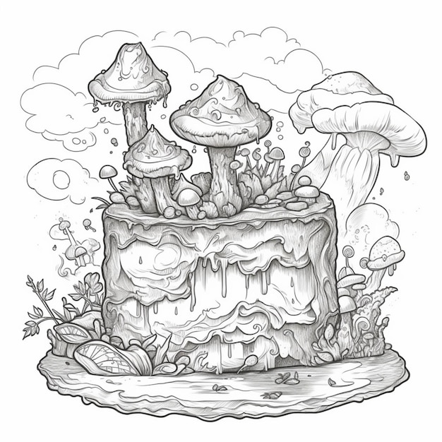 Photo un dessin d'un gâteau avec des champignons dessus ai générative