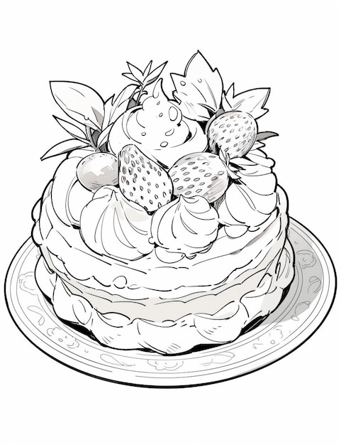 Un dessin d'un gâteau avec des fraises dessus ai générative