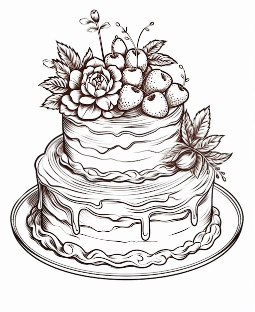 un dessin d'un gâteau avec des fraises et des roses sur le dessus ai générative