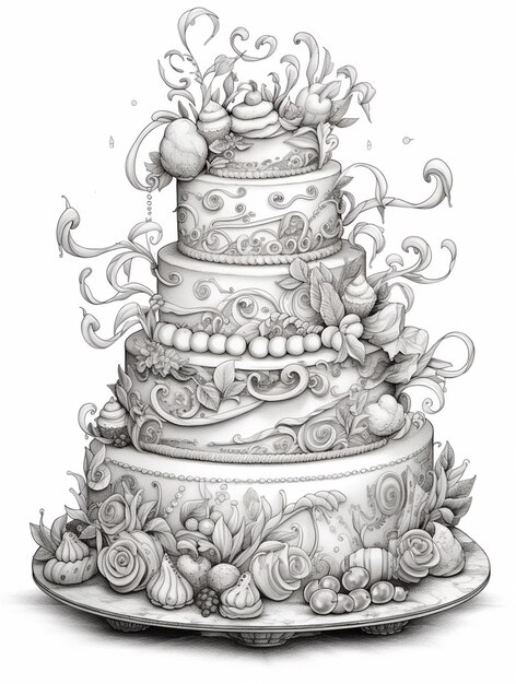 un dessin d'un gâteau à trois niveaux avec des fleurs et des vignes génératives ai