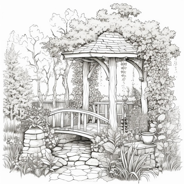 un dessin d'un gazebo dans un jardin avec un pont génératif ai