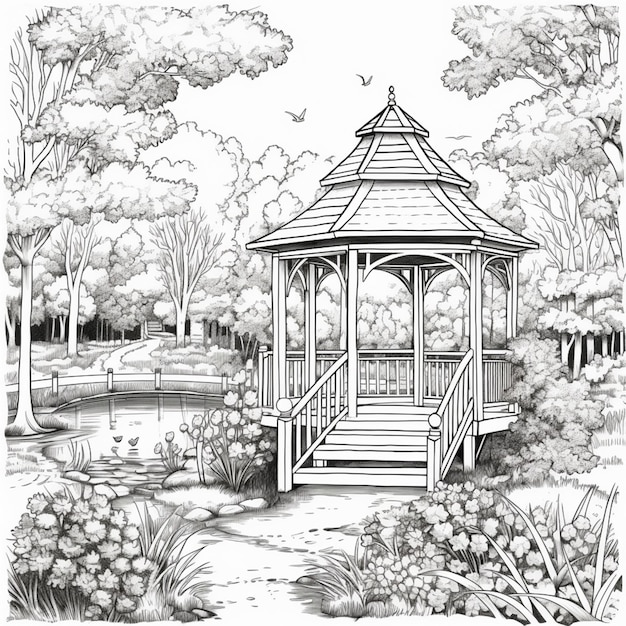 Un dessin d'un gazebo dans un parc avec des arbres et des fleurs