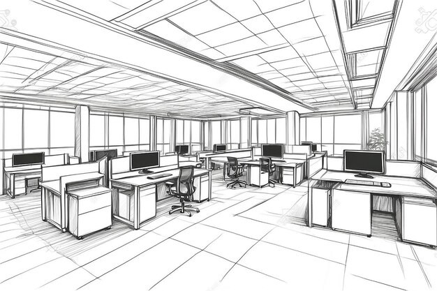 Dessin général d'une zone de bureau intérieure avec chemin de coupe