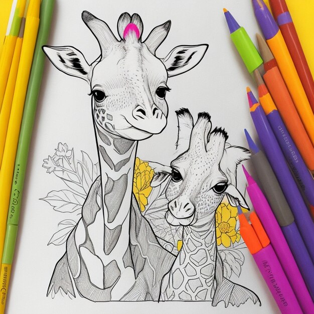 Photo un dessin d'une girafe et de quelques crayons